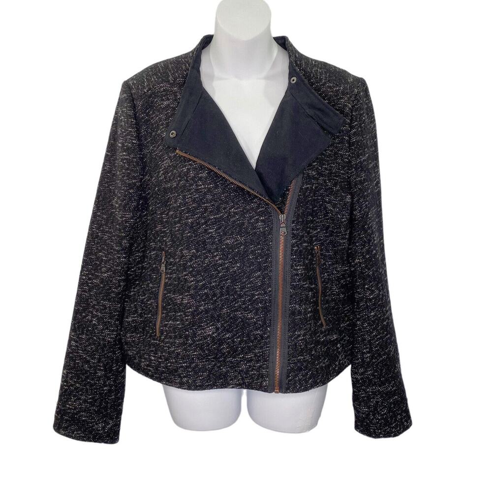 Gap Coat Womens Large Black Tweed Wool Blend Moto Lined Short Jacket Long Sleeve